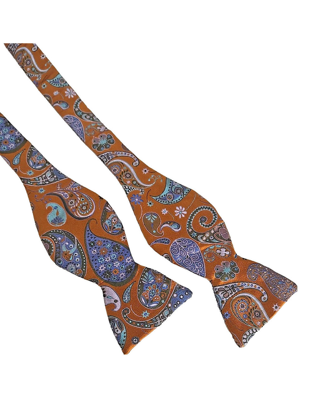 Carrot & Gibbs Silk Bow Tie Gold Blue Paisley Buttons Self Tie Hand Made In USA